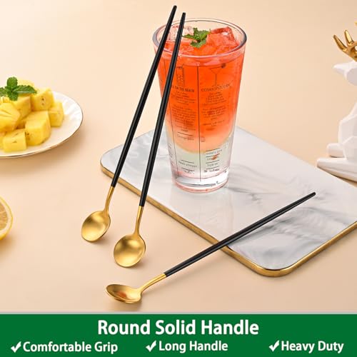 DEHOV 4 PCs 9 Inches Brush Gold Stainless Steel 304 Iced Tea Spoons With Black Handle,Long Handle Coffee Stirring Spoon,SS18/10 Long Latte Spoons Set - color: Gold-Black Handle, size: 9 Inch