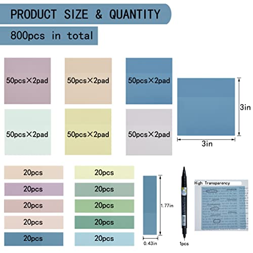 YOUDEFUL 800Pcs Transparent Sticky Note, 3"x3" Clear Sticky Note, Morandi - size: Square Morandi