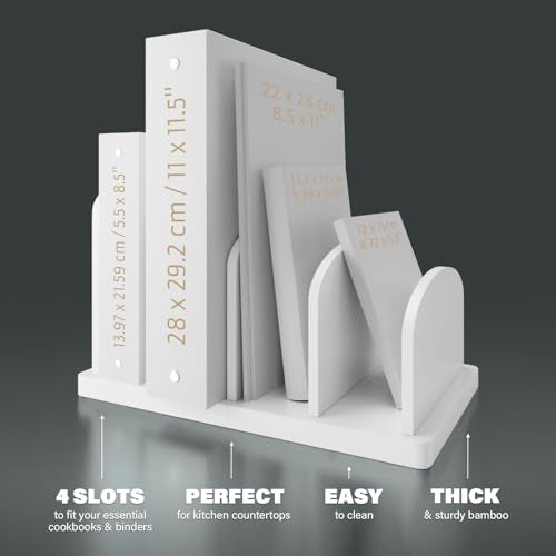 Cook Book Organizer, 4 Sections, Recipe Book Holder Rack, Tabletop Stand for Convenient Cookbook Storage, Vertical Cook Book Stand Kitchen, Binder Holder for Desk & Countertop (White) - color: White, size: 4 Sections