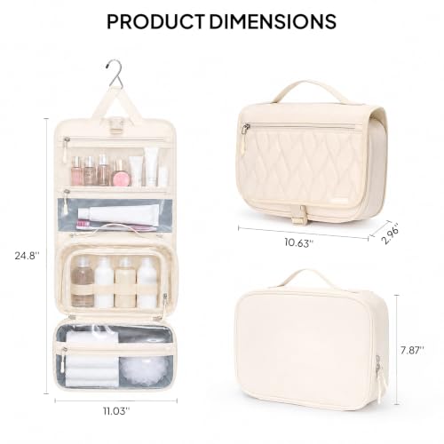 TOPEAST Quilted Travel Toiletry Bag for Women,Detachable Hanging Makeup Bag - color: White