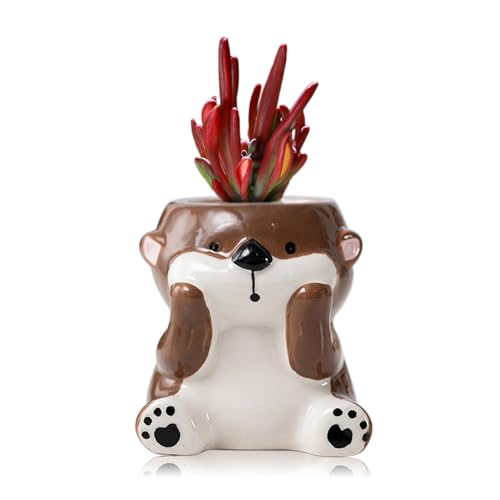 DIYOMR Cute Animals Planter, Mini Ceramic Cartoon Animal Shaped Succulent Flower Pot Indoor Air Plants Holder, Smooth Shiny Decorative Flower Cactus Planter - Plants Not Included (Otter) - color: Otter