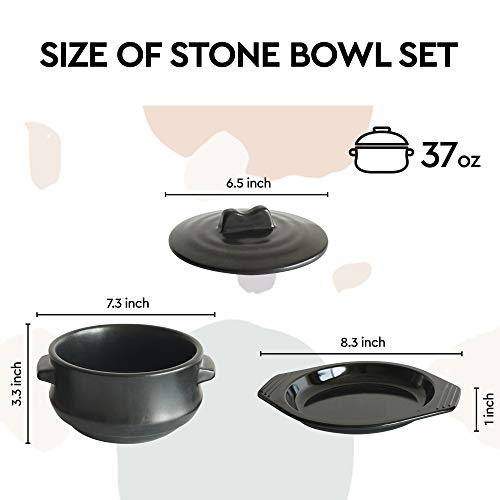 Premium Korean Stone Bowl with Lid and Tray Set, 37 oz Dolsot Hot Pot for Bibimbap and Soup, Sizzling Ceramic Cookware