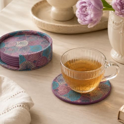 Art Deco Coasters Set of 6 with Holder, Pink and Teal - color: Pink and Teal