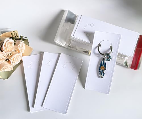 100 Set Keychain Display Cards with Bags,Jewelry Packaging Blank Hanging Cards for Selling - color: White 5"x2.2"
