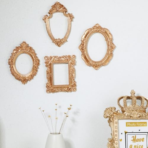 Cabilock 4 Pcs Mini Vintage Gold Picture Frames, Small Antique Resin Photo Frames for Tabletop, Wall Decor, Wedding Table Numbers, Place Cards, DIY Crafts and Jewelry Display