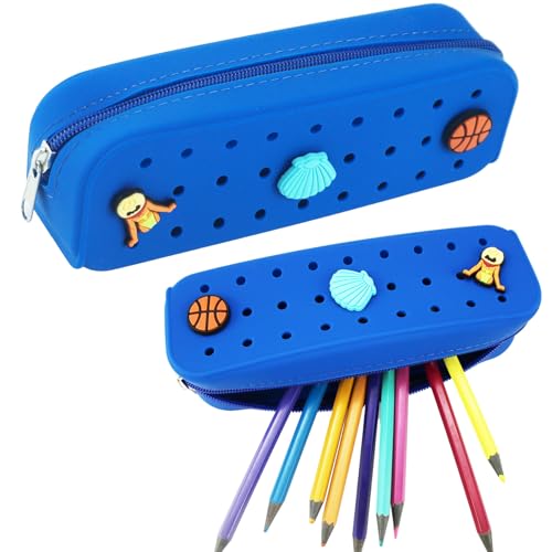 1 Pack Cute Silicone Pencil Case Pencil Pouch with DIY Holes and 3 Decoratives(Random) Travel Makeup Brush Bag suitable for travel home7.81inch (Sea Blue) - color: Sea Blue