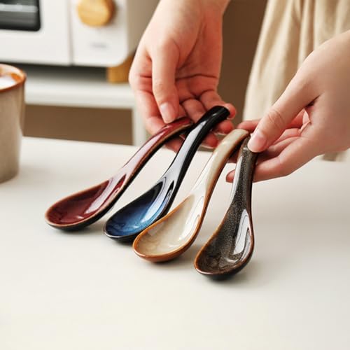 Set of 4 Asian Soup Spoons 5.6-inch Ceramic Chinese Soup Spoons, Non-slip Bottom, for Soups, Japanese Ramen, Miso, Chinese and Vietnamese Wonton, Dumplings, Pho, Noodle, and Korean Soups
