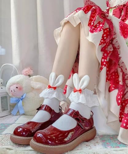Cute Lolita Rabbit Bunny Ears Socks for Women & Teen Girls - Lace Bow Short Novelty Ankle Socks - color: Red