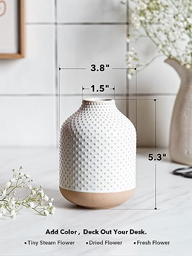 Boho Flower Vase - 5.3 Inch Ceramic White Vase for Pampas Grass, Eucalyptus & Bouquets, Small Home Decor Vases with Dot Embossment, Rustic Farmhouse Centerpiece - color: Bot