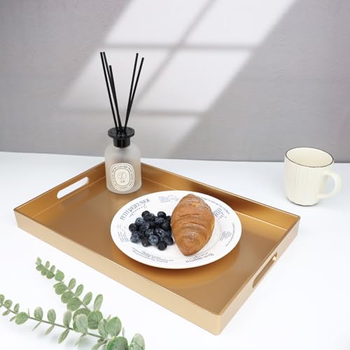 Spsyrine Gold Decorative Serving Tray with Handles, Elegant Plastic Coffee Table Tray for Ottoman, Living Room, Home Decor 15.6" X 10.2" - color: Gold