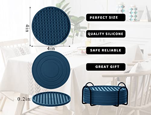 Coasters for Drinks 6 Pack Drinking Coasters with Holder,Heat Resistant Silicone Cup Mat Tabletop Protection,Non-Slip Rubber Coaster for Kinds of Cups (Blue) - color: Blue