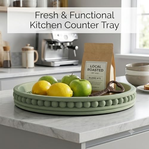 Round Solid Concrete Tray, Fluted Centerpiece for Coffee Table Decor 11" - color: Green