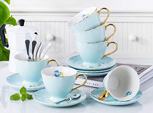 Jusalpha Blue Porcelain Tea Cup and Saucer Set - color: Blue.