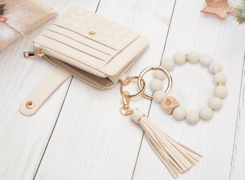 COOLANS Silicone Bracelet Wristlet Wallet Credit Card Holder RFID ID Window Key Ring Tassel Slim Wallet Women Keychain Purse - color: Beige