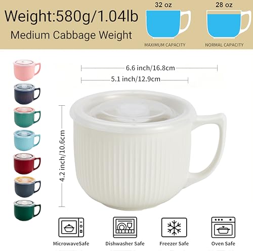 Ceramic Soup Bowl with Handle & Lid, 32oz Microwave Ramen Bowl Set of 2 - color: White 2 pcs-32, size: 32 OZ