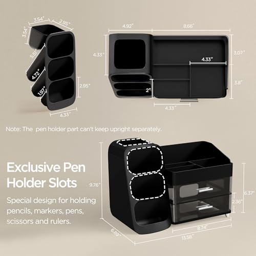 HBlife Desk Organizer with Pen Pencil Holder for Desk, Pen Organizer with 2 Drawers, Desk Organizers and Accessories with 4 Compartments, Desktop Storage for Office Home School Art Supplies, Black - color: Black