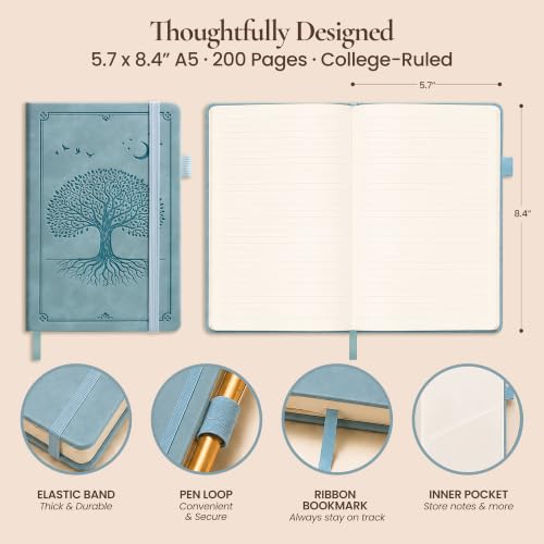Lined Journal Notebook Hardcover Leather Bound 200 Pages A5 Blue Diary - color: Light Blue, size: A5 200 Pages