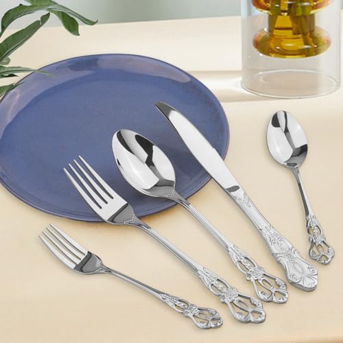 Retro Royal Silverware Set With Gift Box, 20-Pieces Cutlery Set Utensils Stainless Steel Flatware For 4 MIKIWAY Kitchen Tableware Set For Gifts Festive, Dishwasher Safe, Mirror Polishing - color: A-Mirror Silver (Gift Box)