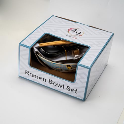 Urban Tokyo 24oz Large Ceramic Ramen Bowl Set with Chopsticks, Spoon & Bamboo Rest – Oriental Japanese Design, Microwave & Dishwasher Safe, Crane Design - color: Japanese Crane