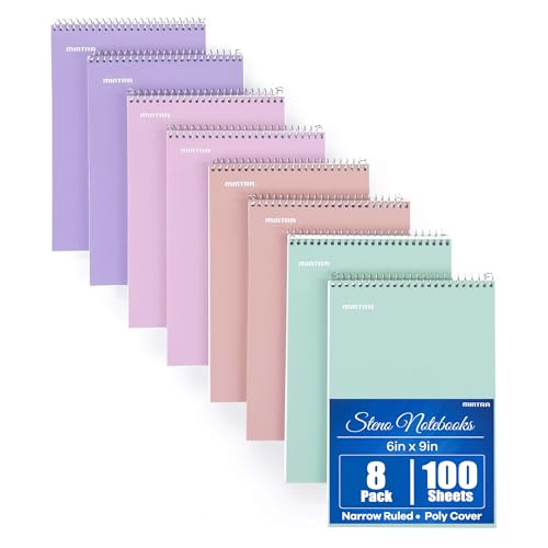 Mintra Office Steno Books Set - Top-Spiral Bound, Narrow Ruled, 100 White Tint Sheets, Pastel Covered Notebooks for Office & School, Colorful Lavender, Sage, Salmon, Spring Pink,6"x9", 8 Pack - color: Pastel 8pk, size: Narrow Ruled