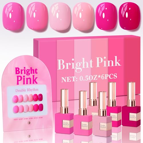 Double Rhythm 6 Pcs 15 ML Gel Polish Set Same Color Same Bottle Soak Off Gel Polish Kit Nail Art Manicure Salon DIY at Home for Women (Bright Neon Light Pink Purple-T6-13) - color: Bright Pink