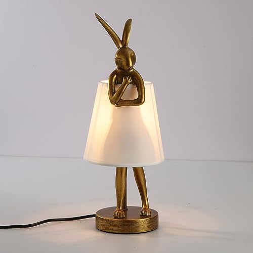 NorDiem LED Bunny Table Lamp, Resin Animal Rabbit Desk Light with Linen Shade, 15.7 Inch Decorative Lamp for Bedroom, Office & Kids Room (15.7" White Shade) - color: 15.7" White Shade