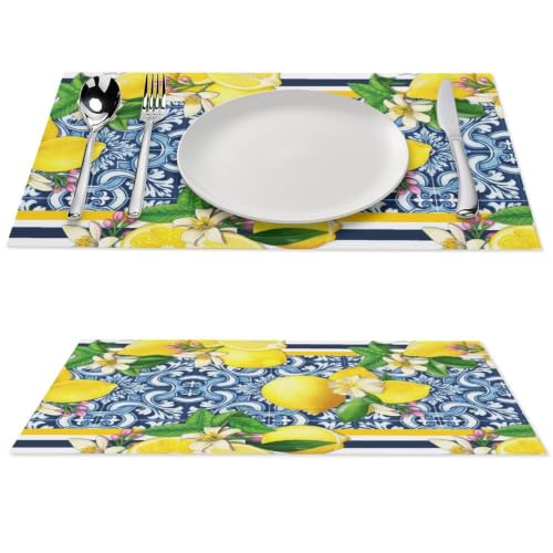 Summer Lemon Placemats Set of 4, 12x18 Inch Yellow and Blue Mediterranean Summer Fruit Italian Tiles Seasonal Heat Resistant Table Mats for Dining Kitchen Birthday Party Holiday Decor - color: Lemon04, size: 4pcs