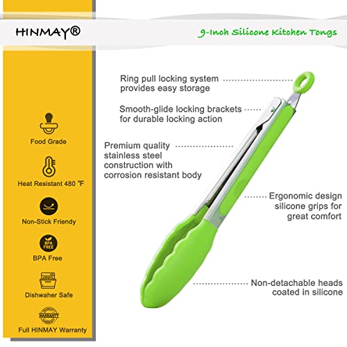 HINMAY Silicone Tongs 9" Stainless Steel Kitchen Tongs, Set of 3 (Green) - color: Green