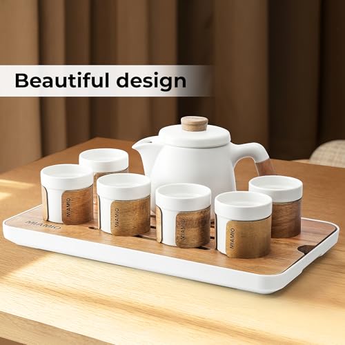 MIAMIO - Japanese/Chinese Tea Set 6 x 3.4 oz/Asian Tea Pot 21 oz with Tea Infuser, Traditional Japanese Tea Cups Set for Tea Lovers/Men/Women (White) - color: White