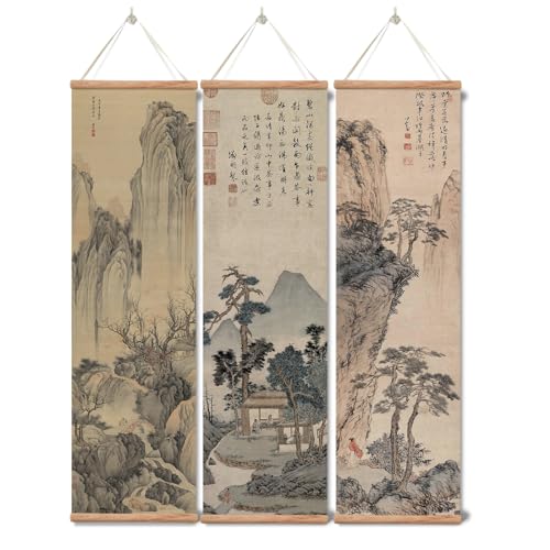 xinyuru Chinese Ancient Landscape Scroll Wall Art Poster - color: landscape-Oak, size: 16"x55"x3 Piece