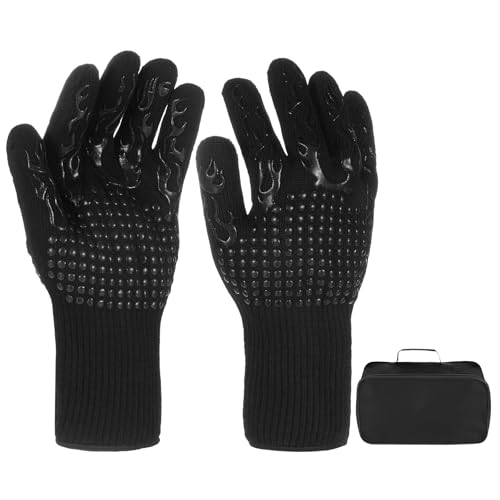 M METERXITY 1-Pair BBQ Gloves, 1472°F Heat Resistant Non-Slip Grilling Oven Gloves for Barbecue/Baking/Cooking, with Storage Bag [Flame Pattern L, Black] - color: Black