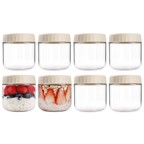 SHOWIN Overnight Oats Containers with Lids, 10oz Glass Jars with Lids 8 pcs, Creamy Beige, Wide Mouth Mason jars for Salad, Yogurt, Snacks, Meal Prep - color: Creamy Beige, size: 10oz-8pc