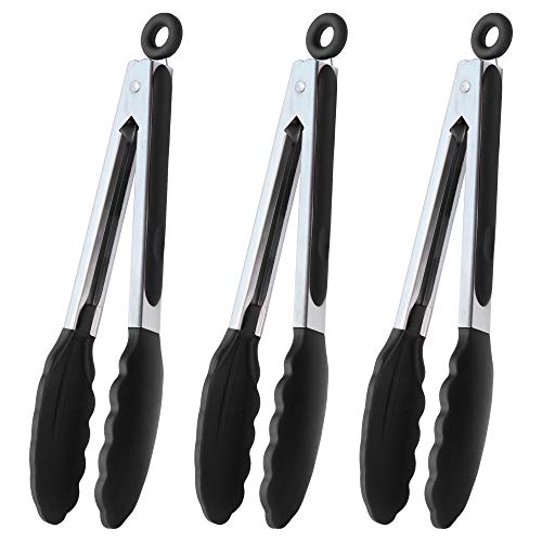 HINMAY Serving Tongs 9" Cooking Tongs with Silicone Tips, Set of 3 (Black) - color: Black