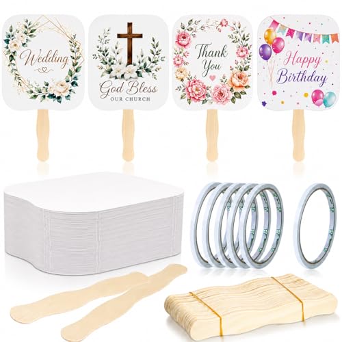 156 PCS DIY Blank Hand Fans Kit, 100 Cardstock Paper Fans with 50 Wavy Wooden Handles & 6 Rolls of Double-Sided Tape for Church, Wedding, Party, Custom Decoration & Craft Projects