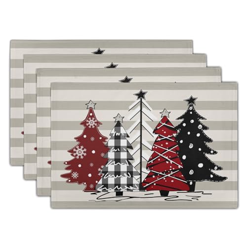 Xmas Tree Placemats Set of 4 Red Black Buffalo Plaid Pine Tree Non-Slip Washable Place Mats Stripe Decoration Table Mats 12 x 18 Inch for Winter Tabletop Holiday Party - color: Red Black Plaid Tree
