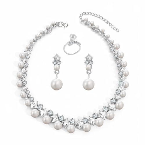 Pearl Bride Wedding Jewelry Set Faux Pearls Crystal Rhinestone Necklace Earrings Bracelet Sets for Women Bridesmaid(3 PCS) - color: Silver - White Pearl