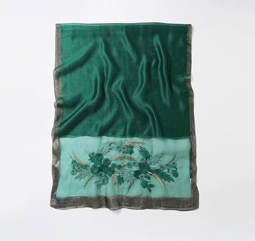 Jeelow Long Silk Blend Embroidered Floral Shawl Scarf Wrap for Women - color: Green Bloom