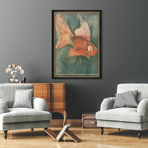 MUDECOR Premium Framed Wall Art Vintage Goldfish Illustration on Teal Background Illustrations Impressionism Scenic Colorful for Living Room, Bedroom, Office - 26"x36" Black - color: A07-2308-na36, size: 36"L x 26"W, style: Black Frame