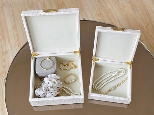 HofferRuffer Square Decorative Boxes, Set of 2 Nesting Storage Memory Keepsake Boxes with Lids, Stylish PU Leather Trinket Jewelry Organizer Box for Home Decor and Storage (CreamWhite Croco) - color: CreamWhite Croco