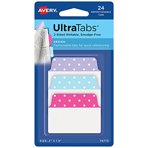 Avery Ultra Tabs, 2" x 1.5" Repositionable, 24 Assorted Tabs - color: Assorted Pastel Dots, size: 24 tabs, style: 24 tabs