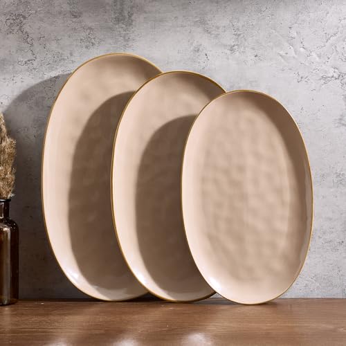 famiware Serving Platter, Oval 15.59/14.3/12.9 inch Serving Dishes for Entertaining, Serving Bowls, Microwave Safe, Stonware Serving Trays for Party, Turkey, Cheese, Ocean Series, Cinnamon Brown - color: Cinnamon Brown