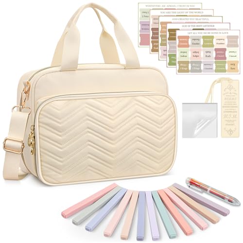 FINPAC Large Bible Cover Case for Women, Bible Bag Study Supplies Kit - color: Beige