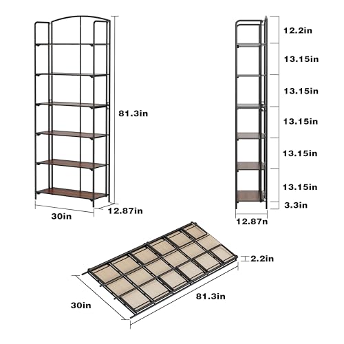 Crofy 6-Tier Wider Foldable Bookshelf, Black Frame & Walnut Shelves - color: Black Frame & Walnut Shelf, size: 6 Tier Wider
