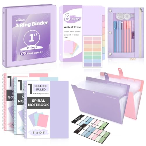 SKYDUE School Supplies Set – 1" 3-Ring Binder, 2 Expanding File Folders, 3 Spiral Notebooks, 8 Tab Dividers & Pencil Pouch – Cute Stationery for High School Stude, College Essentials Purple - color: Purple