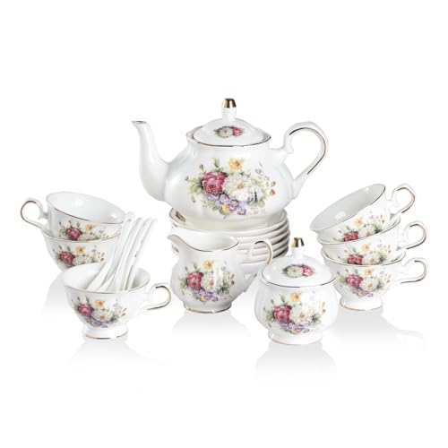 Sweejar Porcelain Tea Set Vintage Floral, British Relief Gold Rim Teapot Cup and Saucer Sets, 22-Piece Tea Sets for Adults, with Teapot, Sugar Bowl, Milk Jug, Spoons, Cup and Saucer (Flower Style) - color: Flower Style