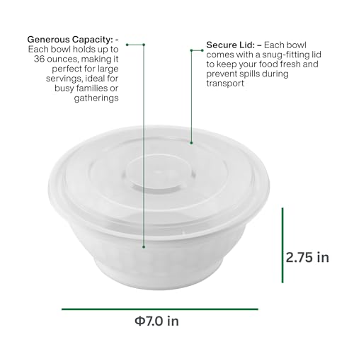 Disposable Noodle Bowls with Lids 36 oz, White Microwaveable Noodle Bowls with Lids Durable, Reusable & Leak-Resistant Food Containers | Microwave & Freezer Safe, 40 Sets, White - color: White, size: 36oz
