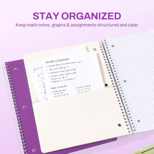 SUNEE Spiral Notebook, 1-Subject, Graph Ruled Paper, 8" x 10-1/2", 100 Sheets per Notebook, 3-Hole Punched Paper, Water Resistant Cover, Spiral Grid Notebooks for Work, Home, School, Dark Purple - color: Dark Purple