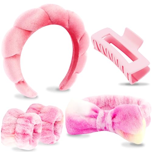 VELSCRUN Spa Headband, Makeup Face Wash Skincare Headbands, 5 Pcs Pink Colorful Sponge Bow Tie Get Ready HairBand Facial Wristband Hair Clips Set, Stuff for Teen Girls Women Trendy Hair Accessories - color: Hot Pink Colorful