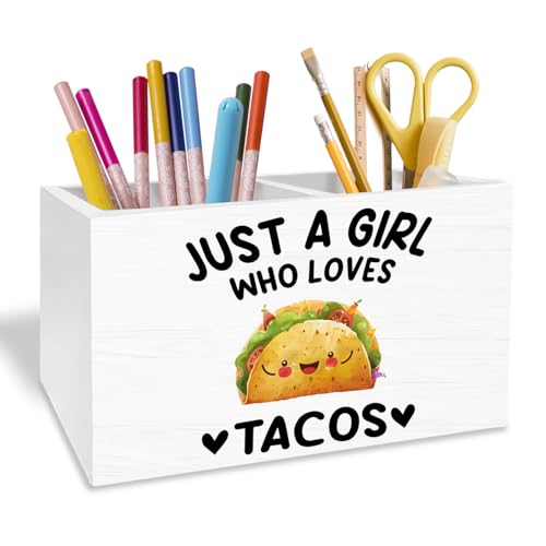 Mexican Taco Pen Holder for Desk, Gifts for Taco Lovers Pencil Organizer, Just a Girl Who Loves Tacos Wooden Box Sign Desk Decor for Home Office Decoration - color: TACOS