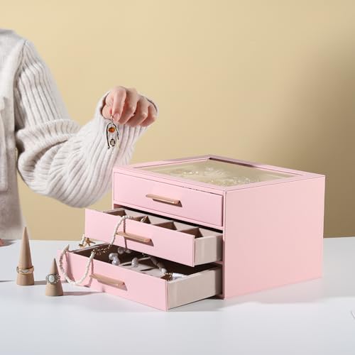 Frebeauty Jewelry Box for Women,Clear Lid Jewelry Organizer with 3 Drawers - color: Pink, size: 3 Drawer